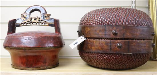 A Chinese woven bamboo and lacquer two tier basket